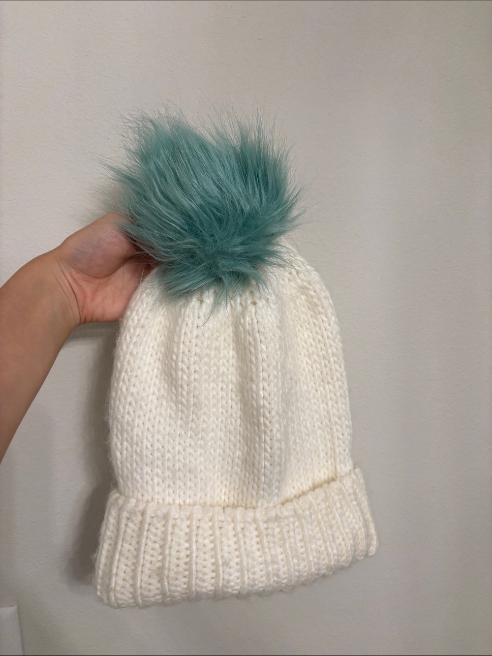 Cream Knit Beanie with Teal Pom Pom